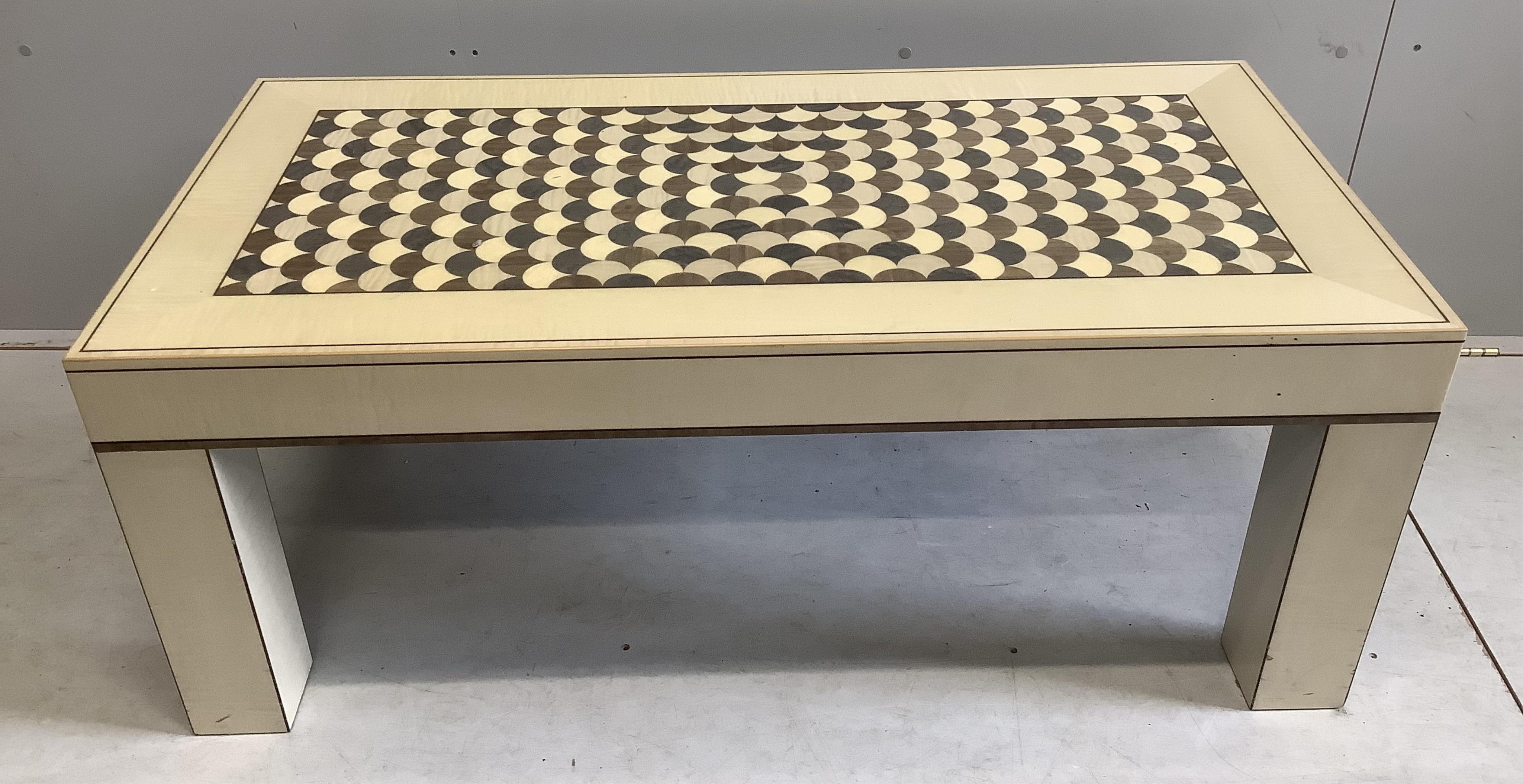 Lignae: A contemporary rectangular sycamore and specimen wood coffee table on square legs